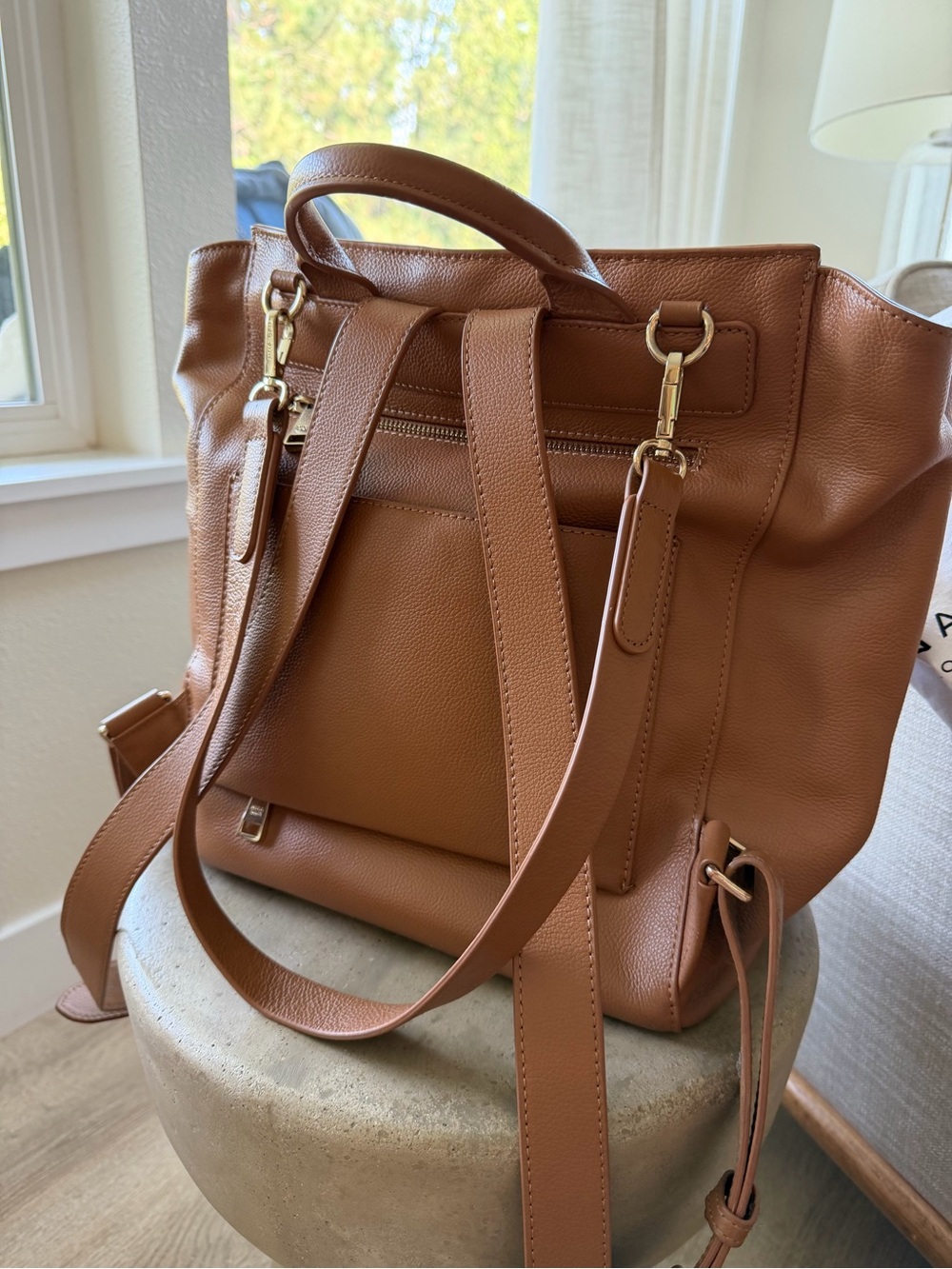 Mina Baie Harper Leather Midi Backpack Bag Tan Shoulder Strap - Picture 3 of 12